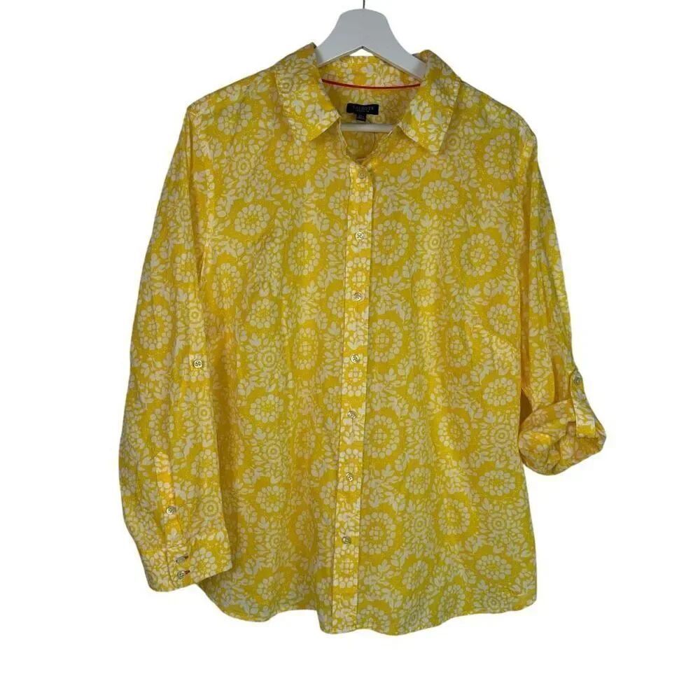 Talbots 2XP Collared Lightweight Button Front Blouse Yellow White - Picture 2 of 8